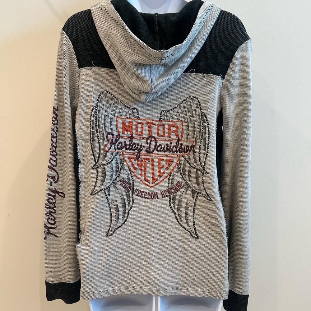 Harley-Davidson Grey Hooded Sweater With Silver Studs and Rhinestones - Medium